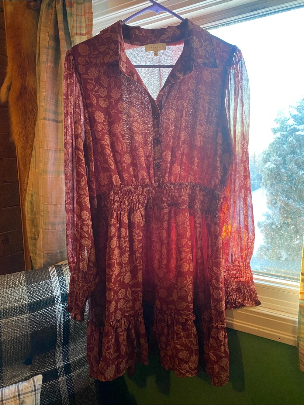 Promesa Burgundy Floral Long-Sleeve Smock Dress